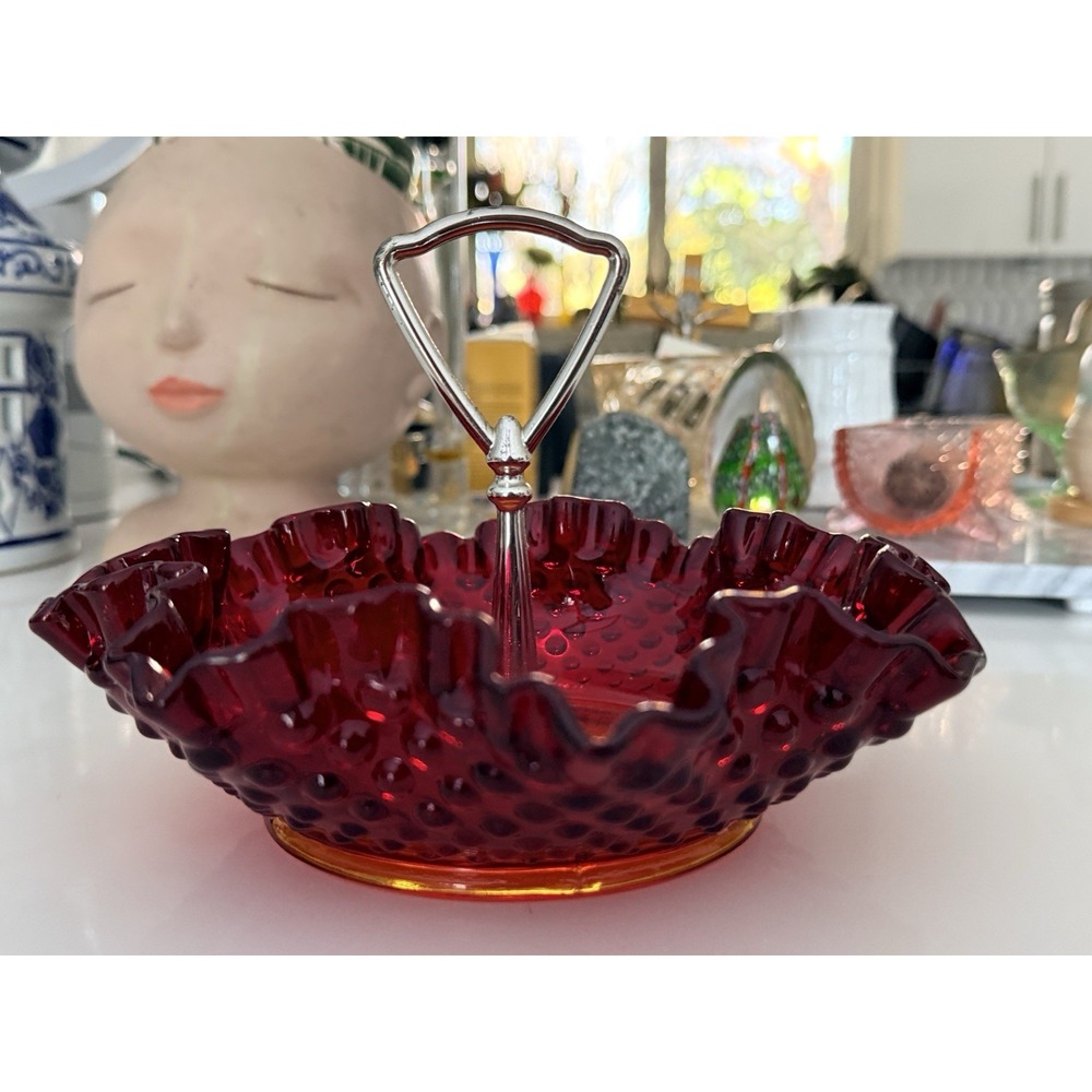 Vintage Fenton Ruby Red Hobnail Candy Dish With Metal Handle‎